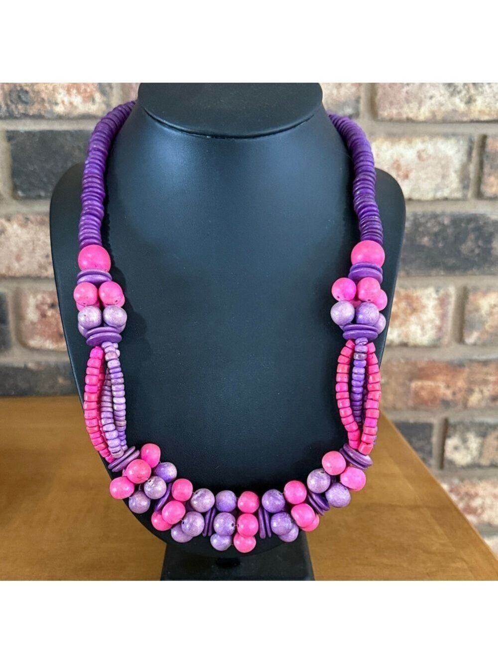Vintage Pink and Purple Wooden Beaded Chunky Multi strand Necklace